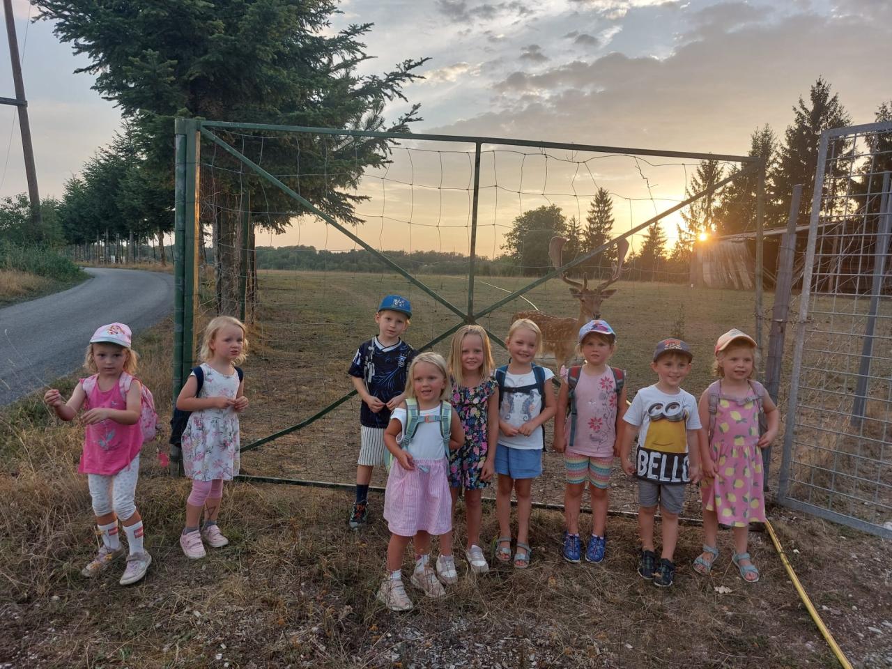 Kinder stehen vor einem Zaun mit Hirsch